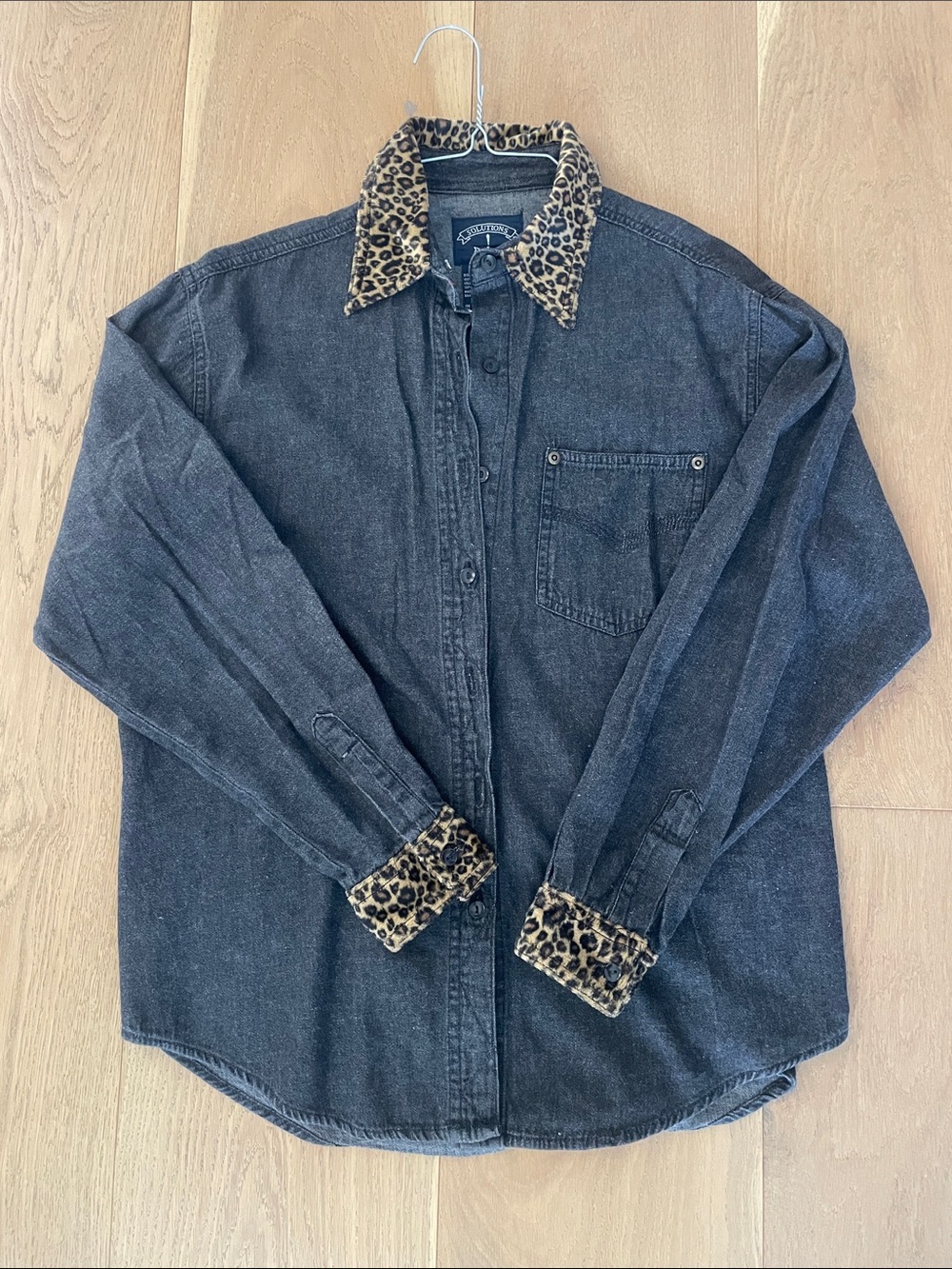 Leopard Trim Black Denim Button-Down Shirt